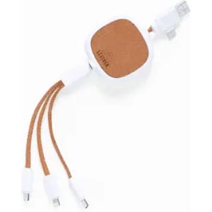 A charging cable with a leather-like finish, featuring multiple connectors in white and light brown.