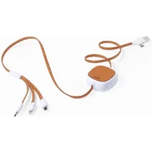 A charging cable with a brown braided design and a compact white connector, featuring multiple plug types.