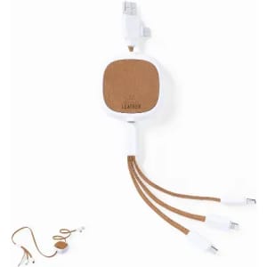 A retractable charging cable in white with a brown leather section, featuring multiple connectors.