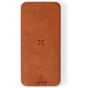 A leather phone case in a rich brown colour with a subtle logo and textured finish.