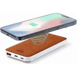 A wireless charger in white with a brown suede finish, with a smartphone above it, indicating charging.