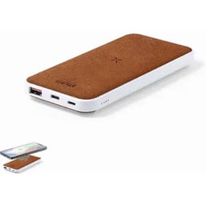 A power bank in brown with a textured surface and white edges, featuring multiple charging ports and a logo.
