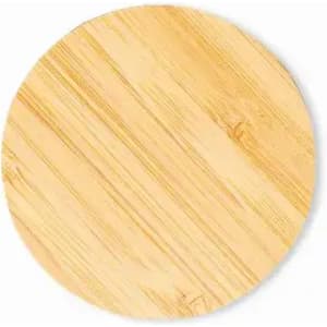 A round bamboo serving board in natural wood tones, featuring a smooth surface and a simple design.