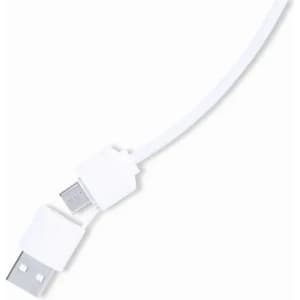A white USB cable with a standard USB connector and a micro USB connector at each end.