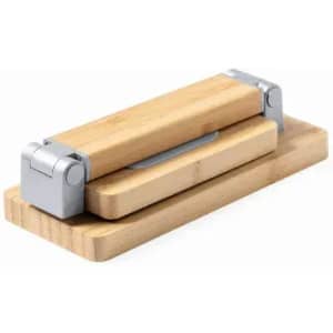 A wooden sushi roller with metal accents, featuring a compact design resting on a wooden base.