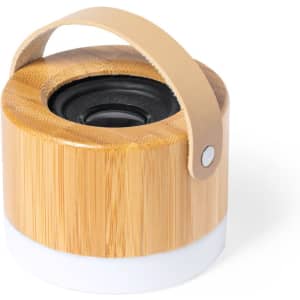 A drink bottle with a bamboo exterior and a white base, featuring a leather handle.