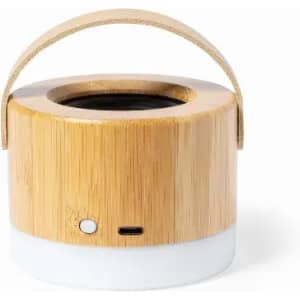 A drink bottle made of bamboo with a white base, featuring a handle and a logo.