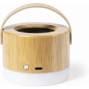A drink bottle made of bamboo and white plastic, featuring a handle and a small button.