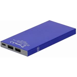 A portable charger in vibrant blue, featuring multiple USB ports and a sleek, slim design.