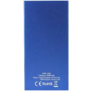 A drink bottle in a sleek blue design with a rectangular shape and a small logo at the bottom.