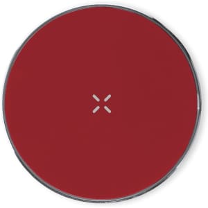 A drink bottle in a deep red colour with a smooth surface and a logo at the centre.