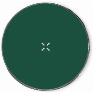 A circular product in dark green with a simple design and central feature, featuring a logo.