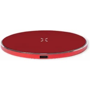 A round red wireless charging pad with a sleek design and a USB-C port on one side, featuring a logo.