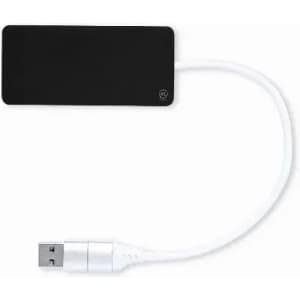 A USB charging cable with a black rectangular connector and a white cord.