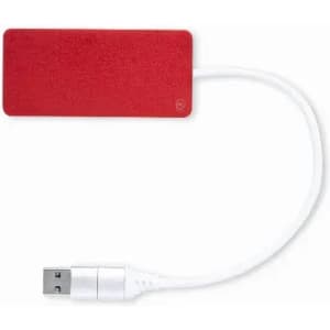 A red USB device with a white connector cable. The design is sleek and minimalistic.