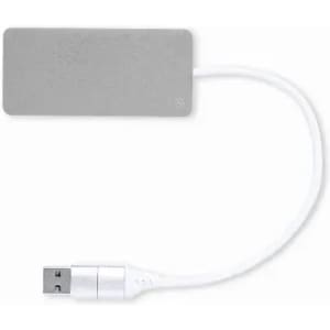 A grey USB device with a white cable, featuring a flat rectangular shape and a USB connector at one end.