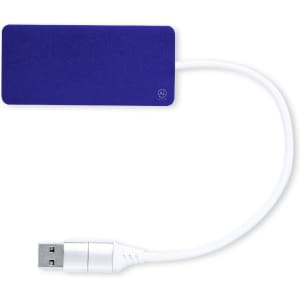 A USB hub with a purple rectangular body and a white cable. Features a connector at the end for devices.