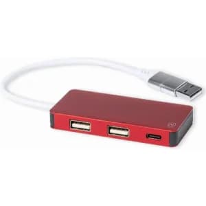A USB hub in red with two standard USB ports and one USB-C port, connected by a white cable.