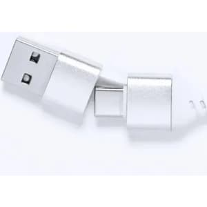 A charging cable with a USB and a Type-C connector, featuring a sleek silver design.
