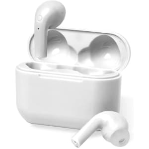 A pair of white wireless earbuds and their charging case, both in a sleek design.