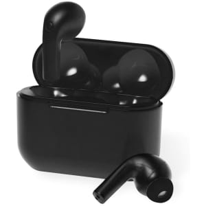 A black wireless earbud case with one earbud outside and the other inside, featuring a sleek design.