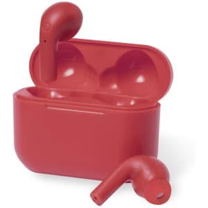 A red set of wireless earbuds rests beside their matching charging case. The case is slightly open, revealing the earbuds inside.