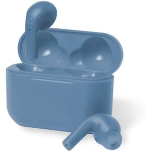 Wireless earbuds in a blue charging case, with one earbud outside the case and the other inside.