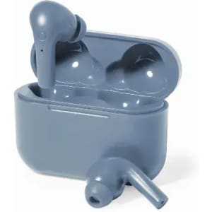 A pair of grey wireless earbuds in a matching charging case. The case is slightly open, revealing the earbuds inside.