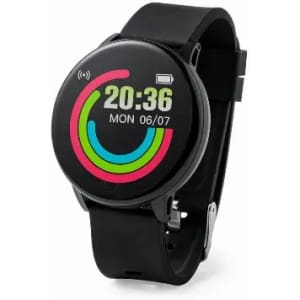 A smartwatch with a circular black face, featuring a colourful digital display and a black strap.