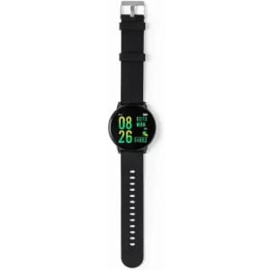 A black smartwatch with a circular face displaying time and data, featuring a rubber strap and a silver clasp.