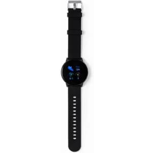 A black fitness watch featuring a round face and a silicone strap, displaying health metrics on the screen.