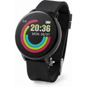 A digital smartwatch with a black band, featuring a circular display showing the time and date in vibrant colours.