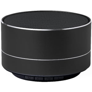 A black portable speaker with a round design and control buttons on the base. It features a mesh top and metallic accents.