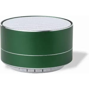 A green portable speaker with a silver base and a metal speaker grille on top, featuring control buttons.