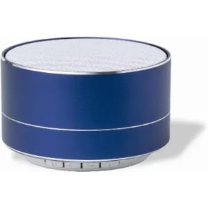 A round blue speaker with a metallic trim and a mesh top, featuring control buttons at the base.