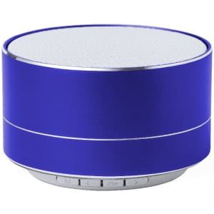 A blue cylindrical speaker with a silver base and top, featuring control buttons on the bottom.