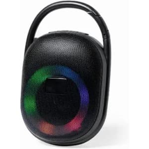 A portable black speaker with a circular LED light display and a handle for easy carrying.