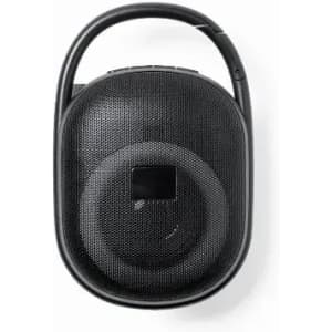 A portable black speaker with a rounded design and a handle for easy carrying. It features a mesh surface and a logo.