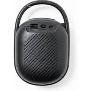 A portable black speaker with a ribbed design and a handle, featuring USB and power ports.