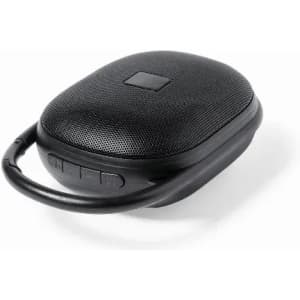A portable black speaker with a textured surface and a carrying handle. It features control buttons on the side.