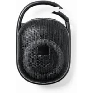 A compact black speaker with a round design, featuring a mesh grille and a handle for easy carrying.