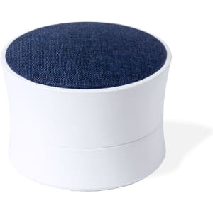 A portable speaker with a round, blue fabric top and a sleek white base. It features a minimalist design.