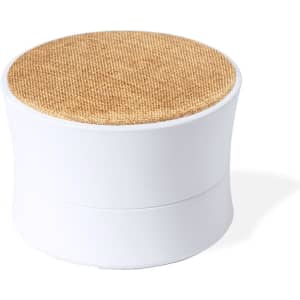 A round storage container with a white base and a textured beige lid, featuring a simple logo.