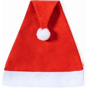 A red Santa hat featuring a white trim and a fluffy pom-pom on top. It has a soft, plush texture.