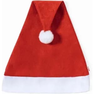 A red Santa hat with a white fur trim and a white pom-pom on top. It has a smooth, velvety texture.