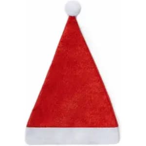 A red Santa hat with a white trim and a pom-pom on top, featuring a fuzzy texture.
