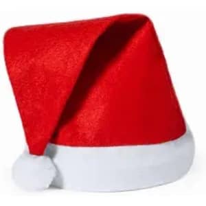 A red Santa hat with a fluffy white brim and a pom-pom at the tip, featuring a soft fabric texture.