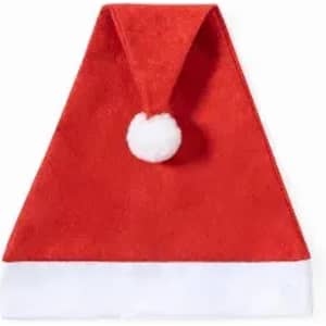 A red Santa hat with a white trim and a white pom-pom at the tip, featuring a soft texture.