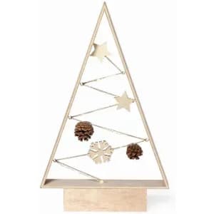 A decorative Christmas tree made of wood and metal, featuring stars and pine cones in a minimalist design.