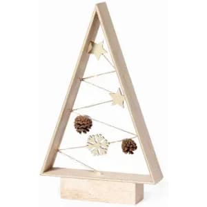 A decorative wooden Christmas tree with stars and pinecones, set on a sturdy base.